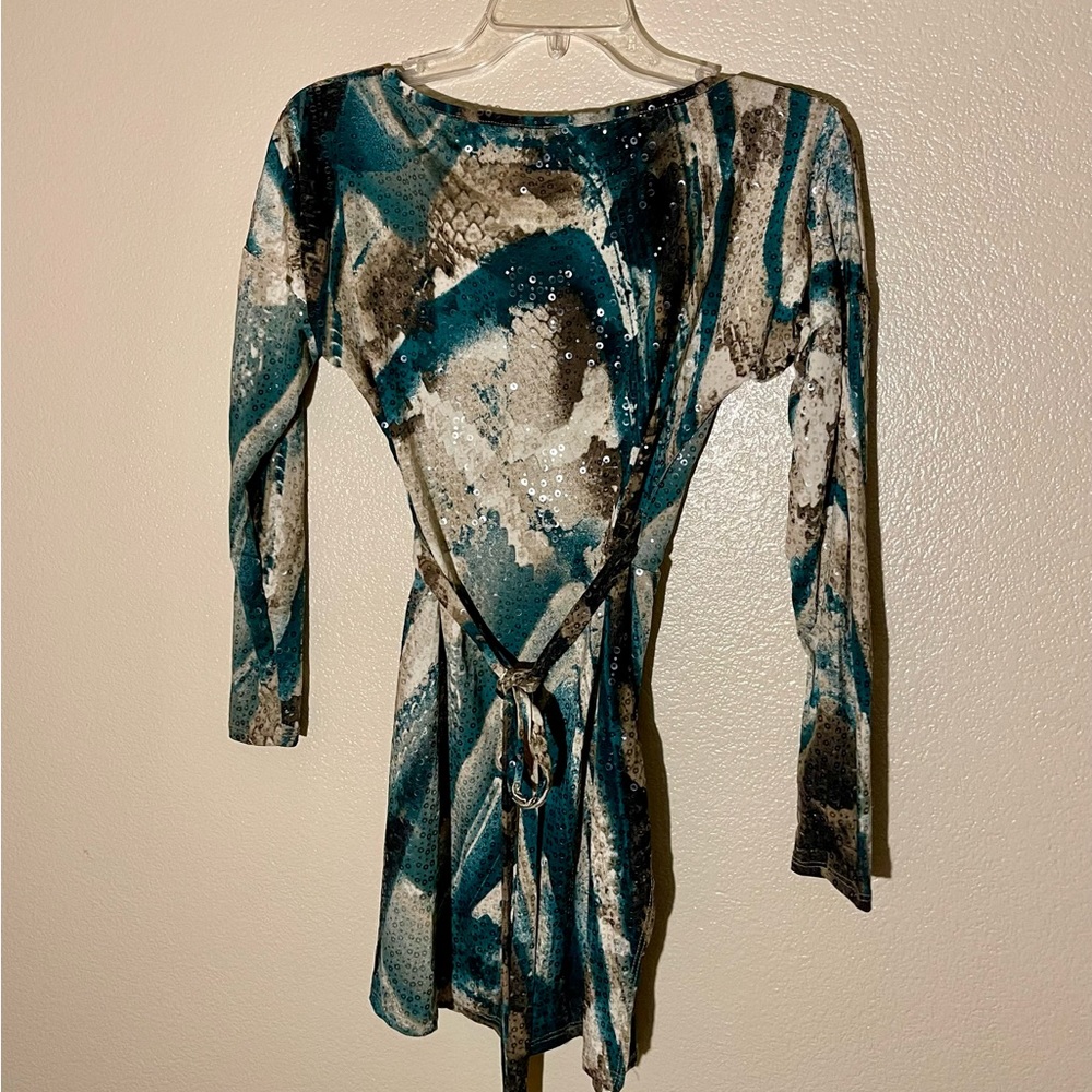 Snakeskin Sequin Side Tie Party Dress Teal Brown Tan Small Side Slit Ling Sleeve